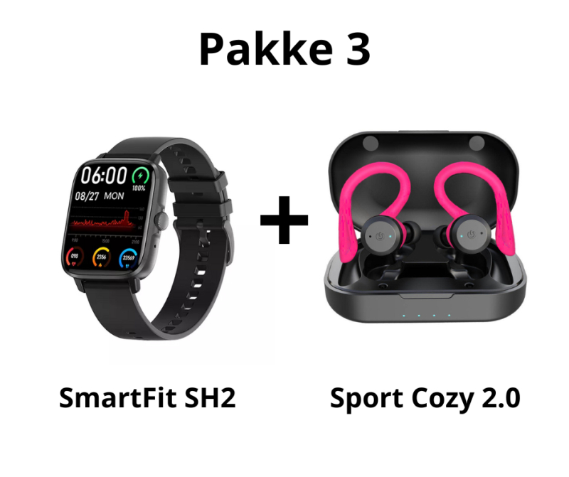 Pakketilbud - Aktivitetsur i sort og sports-høretelefoner i pink